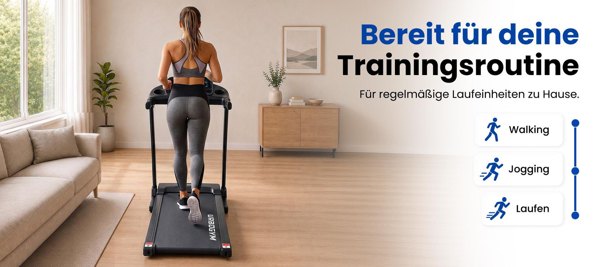 URBOGYM V480 elektrisches Laufband für Zuhause, 12 km/h, 120 kg, 40 × 120 cm Lauffläche, 12 Programme, Bluetooth, klappbar