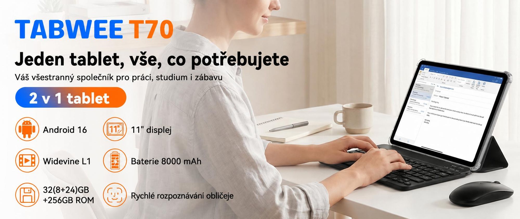 TABWEE T70, 11palcový tablet, 32 (8+24) GB RAM + 256 GB úložiště, Android 16, baterie 8000 mAh, Bluetooth 5.0, rozpoznávání obličeje, podpora Widevine L1, Rheinland. Součástí balení je klávesnice, myš a stylus