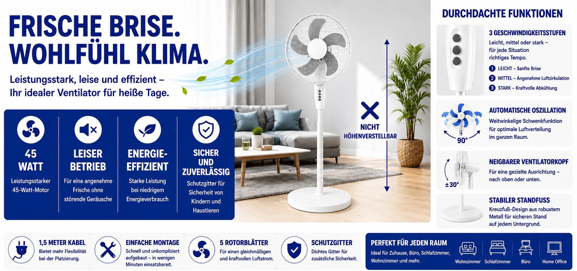 Standventilator 5 Rotorblätter Ventilator Luftkühler Standlüfter 3 Stufen Oszillation Neigbar & Leise 16" Zoll 40cm Grau Weiß