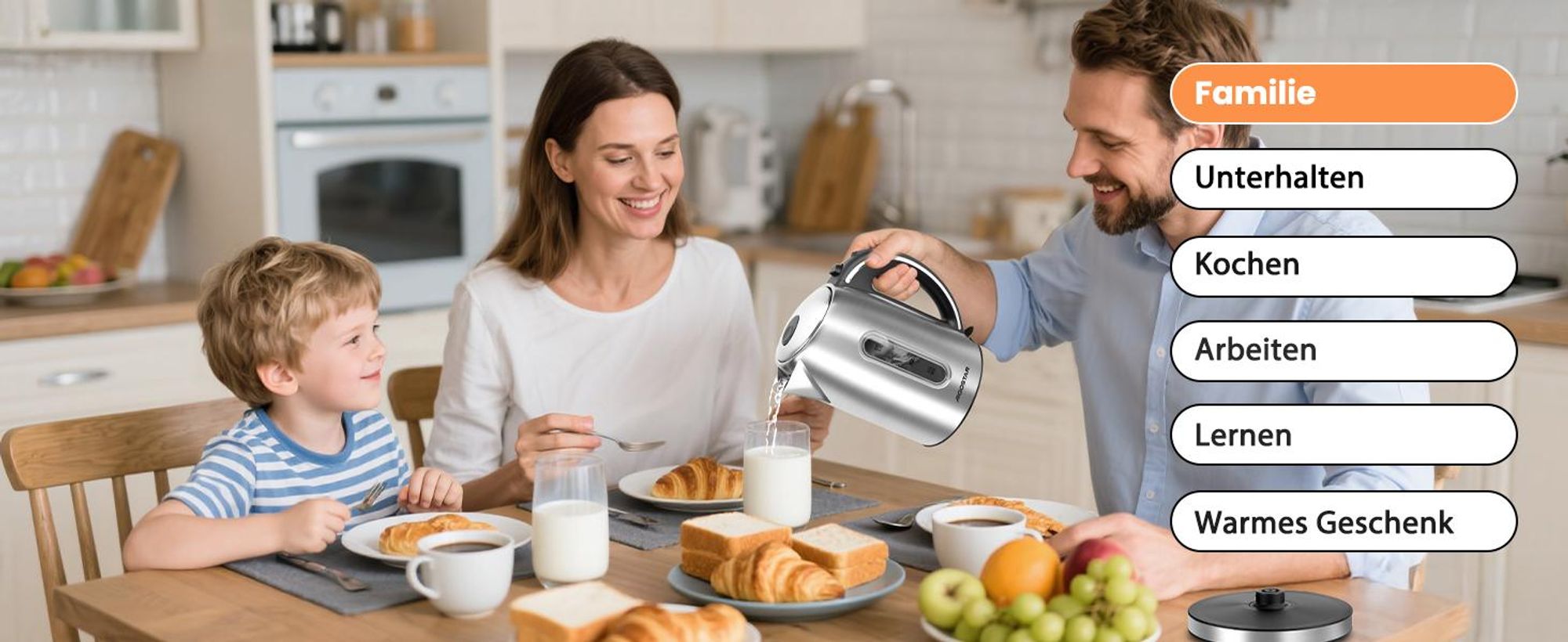 Aigostar - Wasserkocher Edelstahl 1,7L, 2200W, mit Kalkfilter, LED Beleuchtung, Mit Wasserstandsanzeige, Schnelles Kochen, Abschaltautomatik, BPA frei