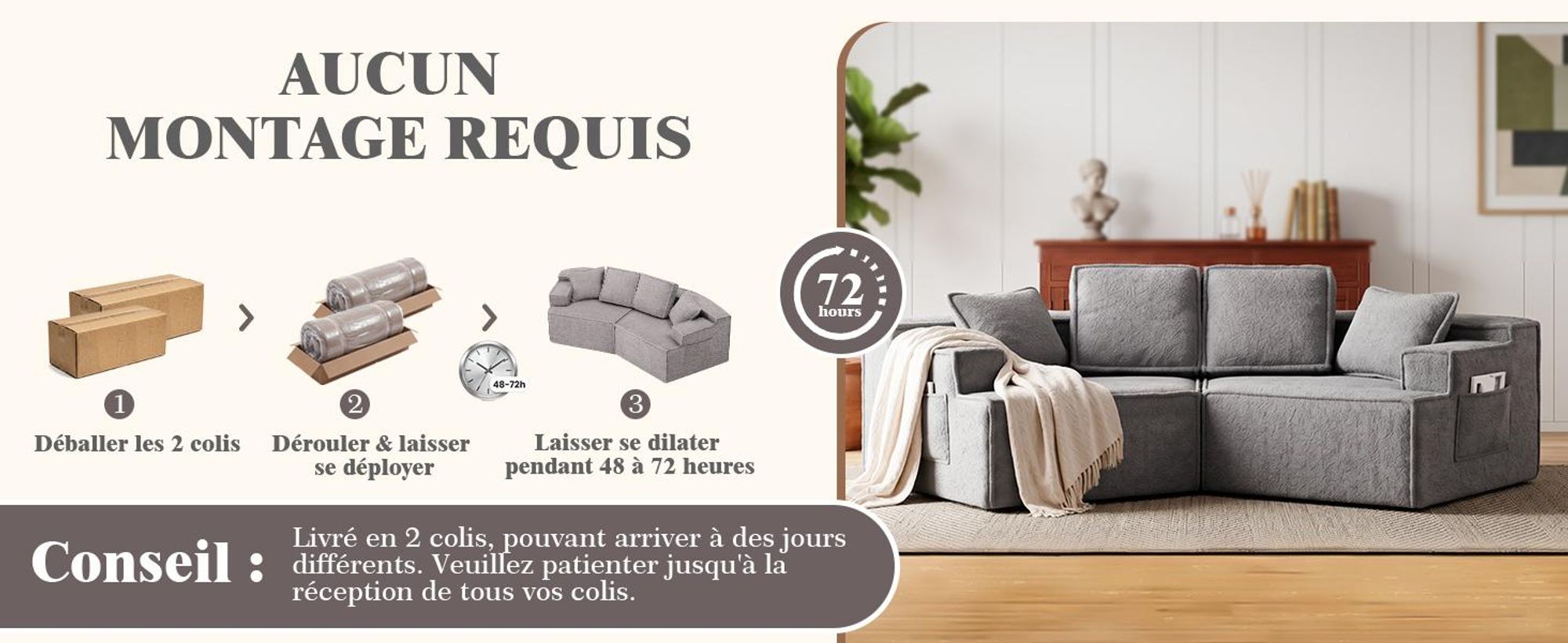 Canapé COMHOMA, 2 places, 228 x 75 x 67 cm, canapé modulaire convertible, canapé rembourré, avec sac de rangement, canapé convertible, ne nécessite pas d'assemblage