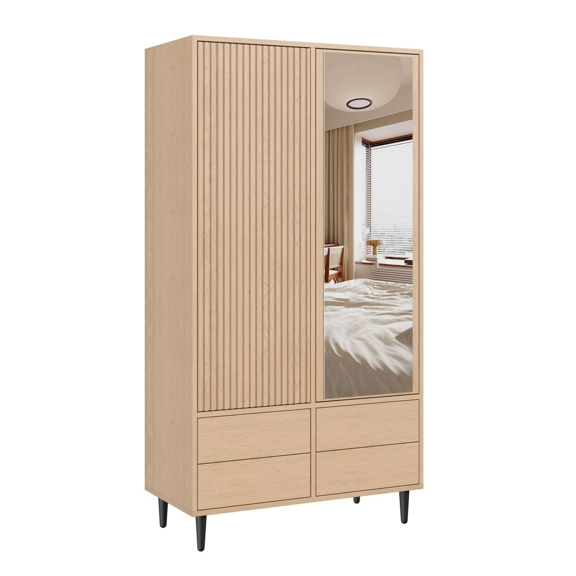 Flieks Kleiderschrank mit Kleiderstange und Türen, Garderobe mit Spiegel, Hochschrank mit Fächer und Schubladen, 90×45×200 cm, Natur, MDF+Stahl