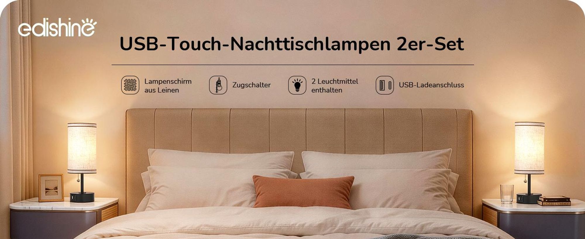 EDISHINE Nachttischlampen 2er-Set, mit USB-A- & USB-C-Anschlüssen, Modern  Zugschalter, inkl. 4W LED-Birnen E27, Tischlampe mit schwarzem Metallsockel
