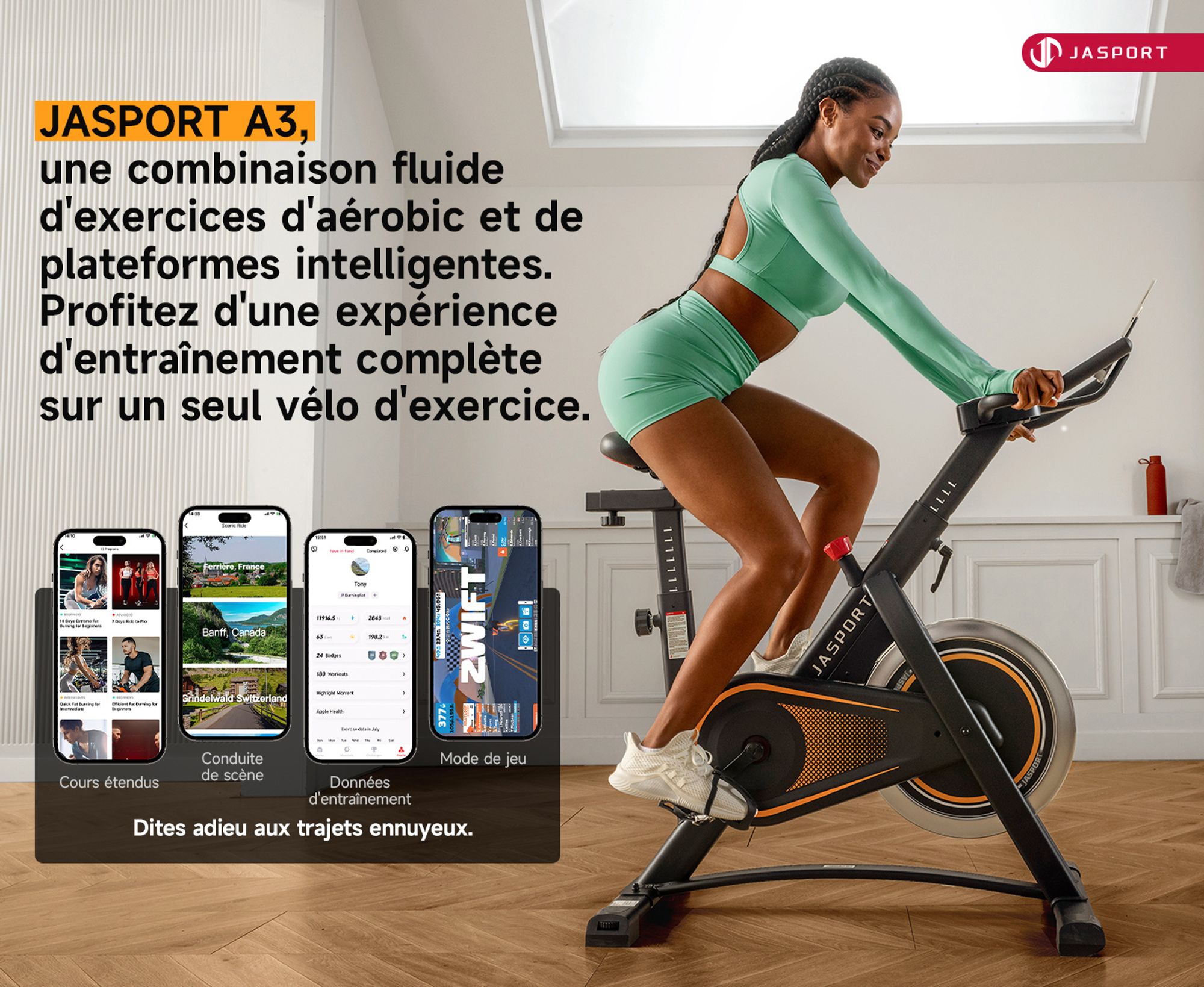 JASPORT A3 ergomètre – vélo d’appartement silencieux pour entraînement d’endurance, support tablette et assise confortable