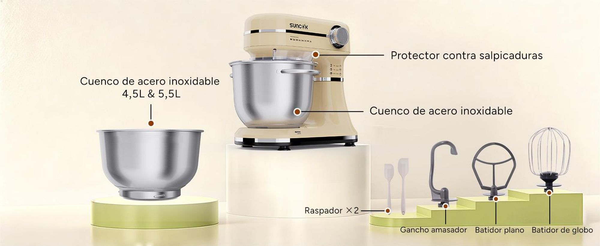 SUNCOK Batidora Amasadora 1500W, 2 cubetas de acero inoxidable (4,5L/5,5L), 12 velocidades+Pulse, movimiento planetario,accesorios para batir y amasar