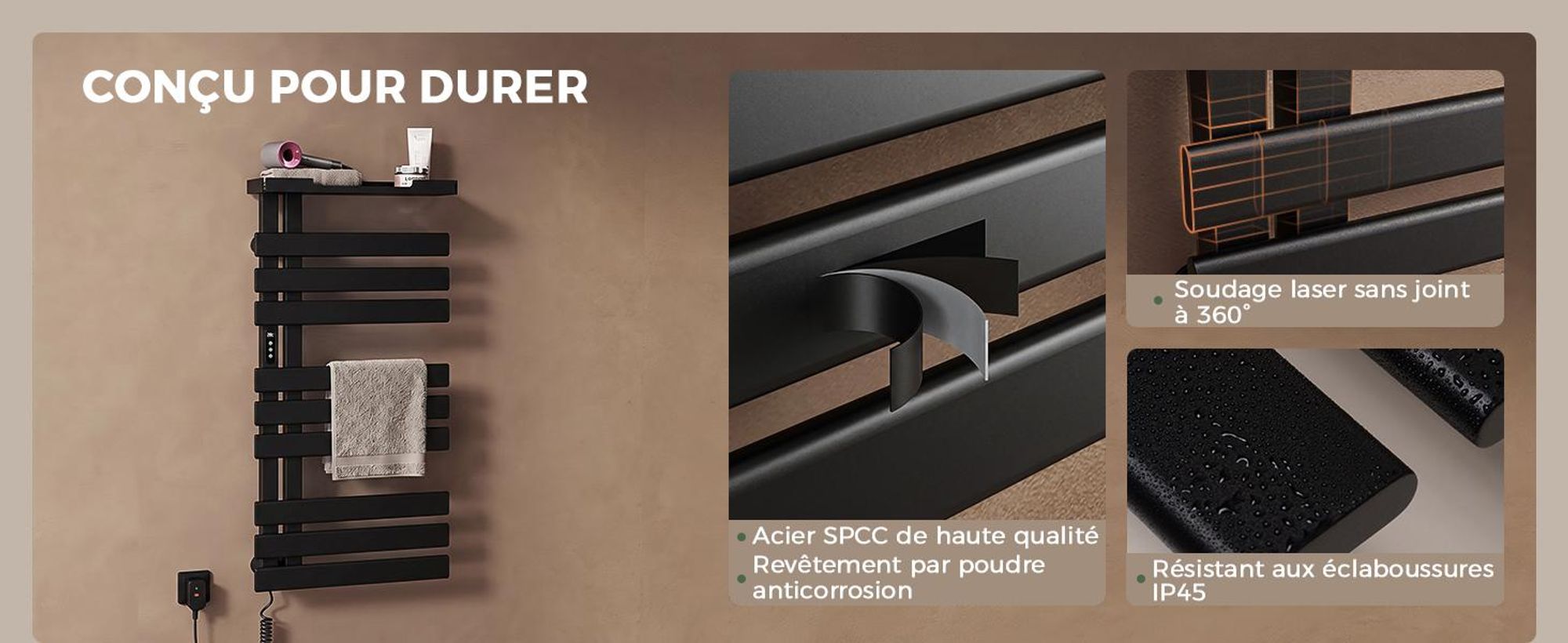 S'AFIELINA Sèche-serviettes électrique avec étagère  1050×500 mm 335 W Noir,Radiateur sèche-serviettes connecté WiFi, chauffage en fibre de carbone