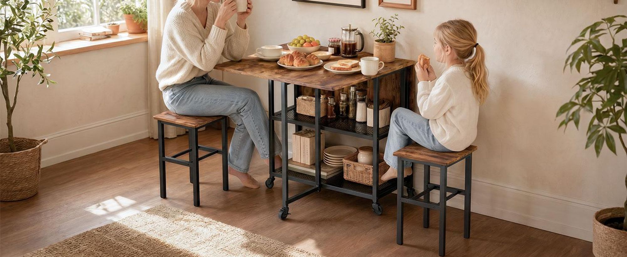 Mondeer Faltbarer Tisch mit 4 Hockern und Ablageflächen, mobiles Ess-Set mit 6 Rollen für Küche & Wohnzimmer 120x70x75cm Rustikales Braun