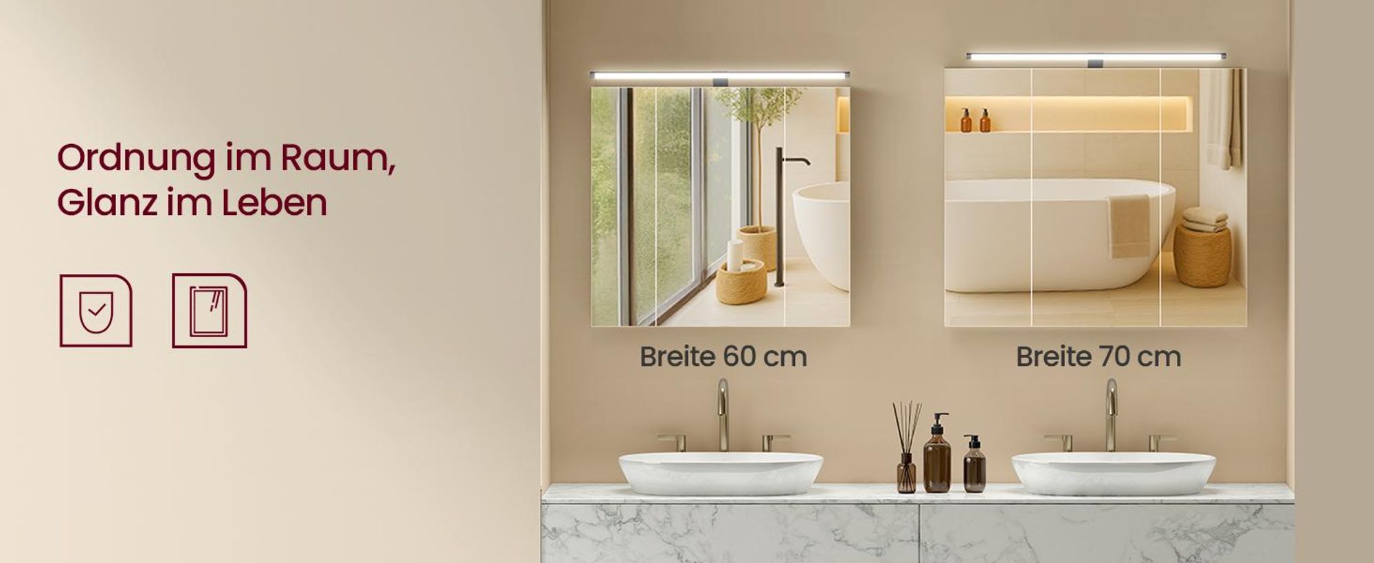 VASAGLE Spiegelschrank, Hängeschrank mit verstellbaren Ablagen, Beleuchtung, 3 Türen, modern, 15 x 70 x 60 cm, weiß