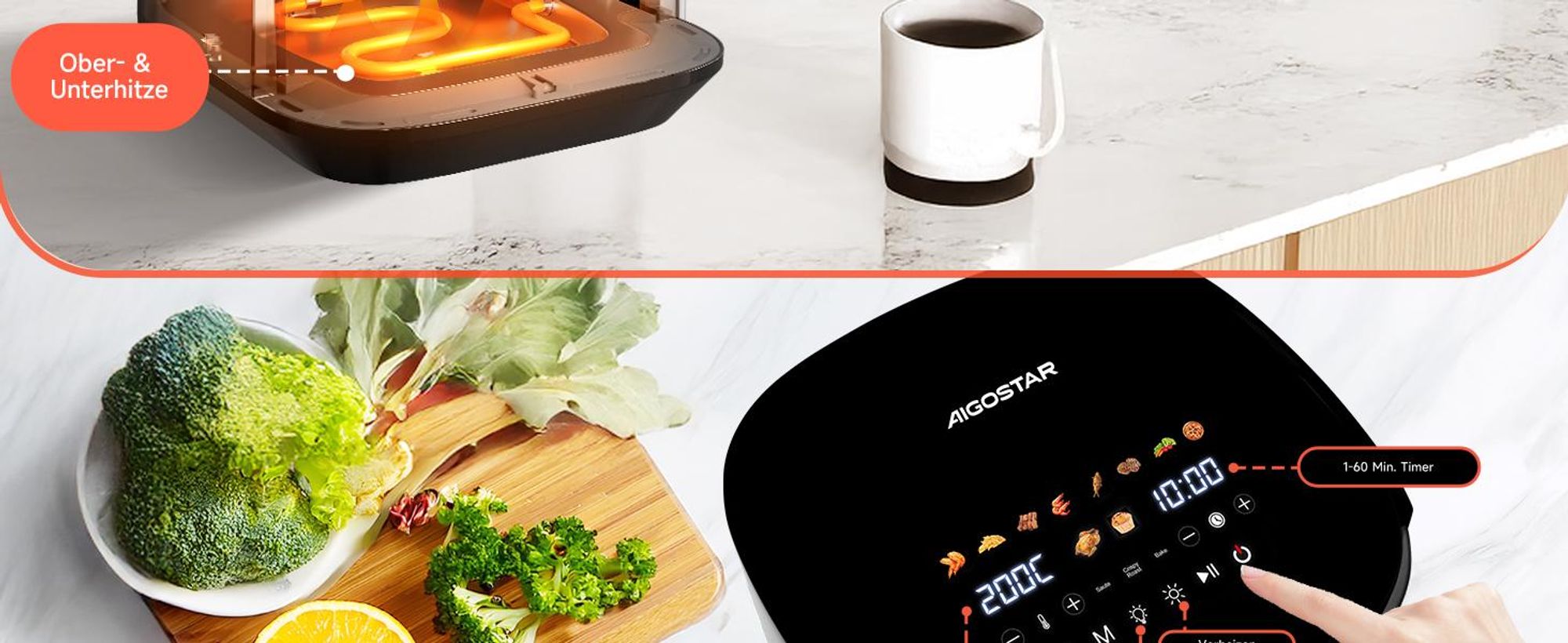 Aigostar Heißluftfritteuse Dual Blaze™ Heißluftfritteuse XXL, 8L Air Fryer 2000W mit Sichtfenster, 10 Programme, 3 Kochfunktionen 2000 W Sichtfenster,