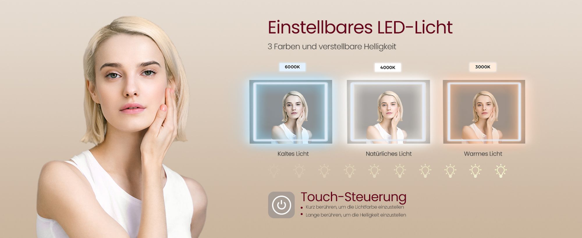 VASAGLE Schminktisch mit LED-Beleuchtung, Steckdosenleiste, Frisiertisch mit Schubladen, verstellbaren Ablagen,  110 cm breit, Schmuckaufbewahrung