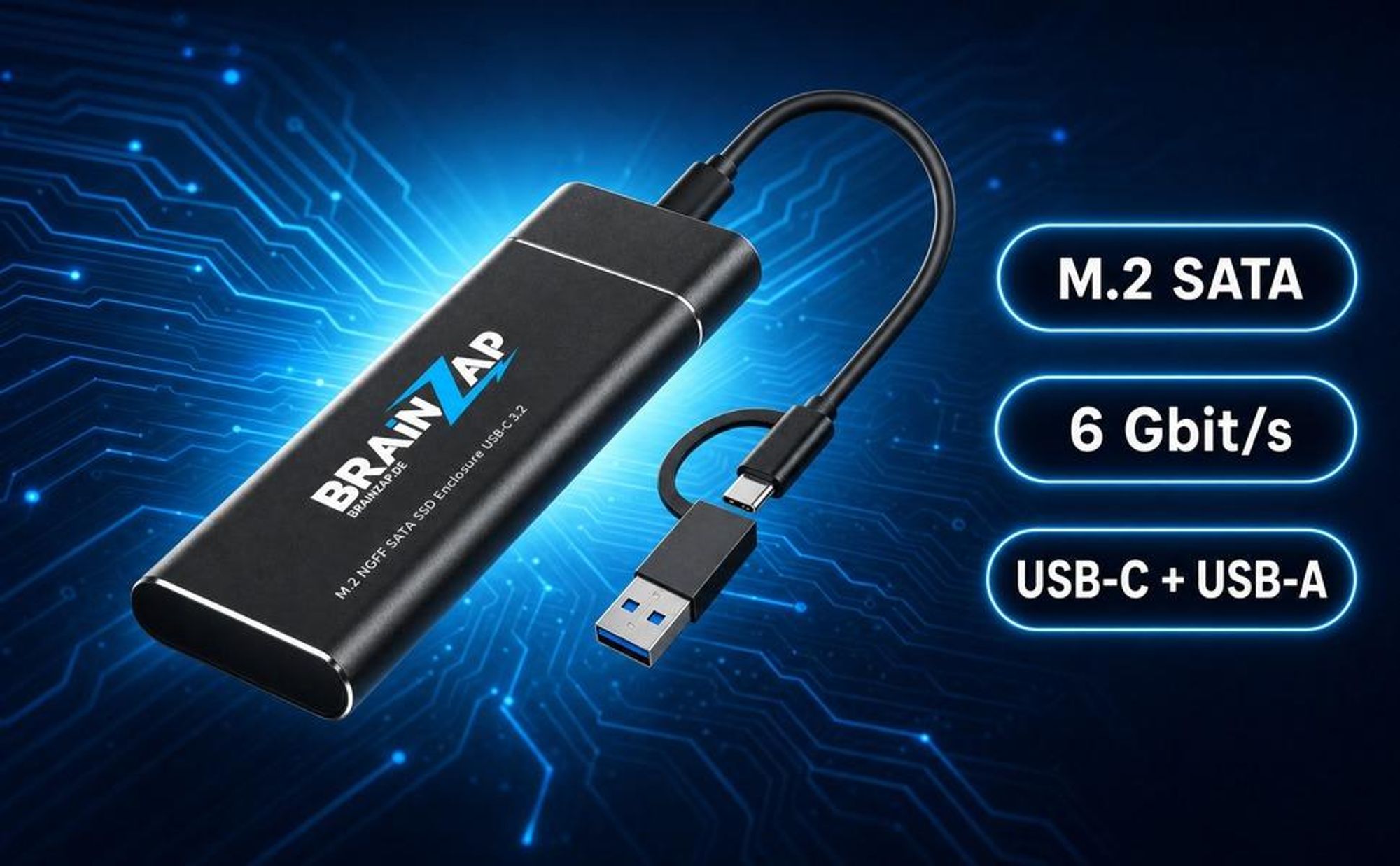 BRAINZAP M.2 M2 NGFF SATA III 6 GBit/s Externes SSD Gehäuse Case Adapter M-Key M+B Key USB-C USB 3