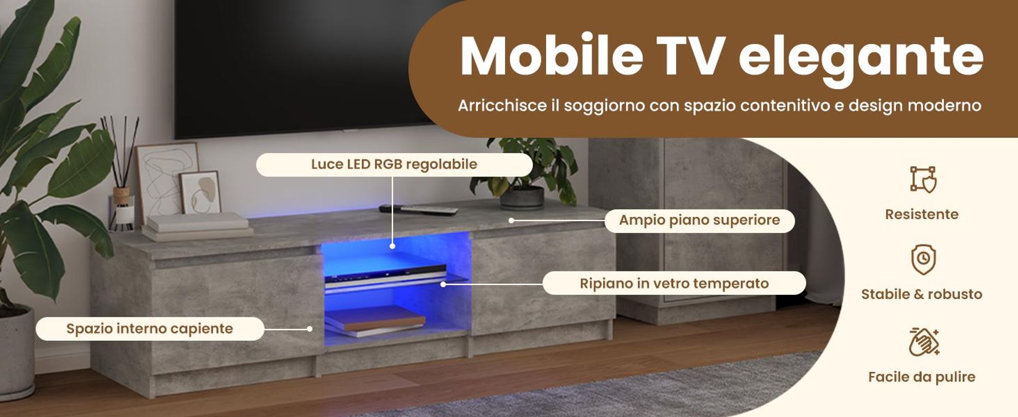 Mobile TV con luci LED grigio cemento 140x40x35,5 cm