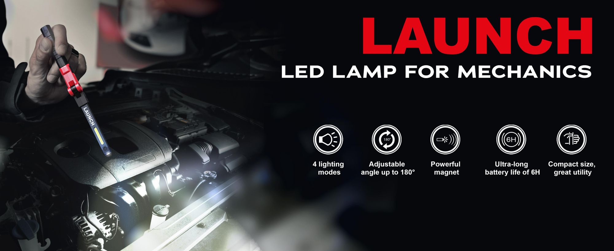 LAUNCH Taschenleuchte COB KFZ Werkstatt LED Magnet Taschenleuchte bis 100 Lumen + 3 Lichter Mod