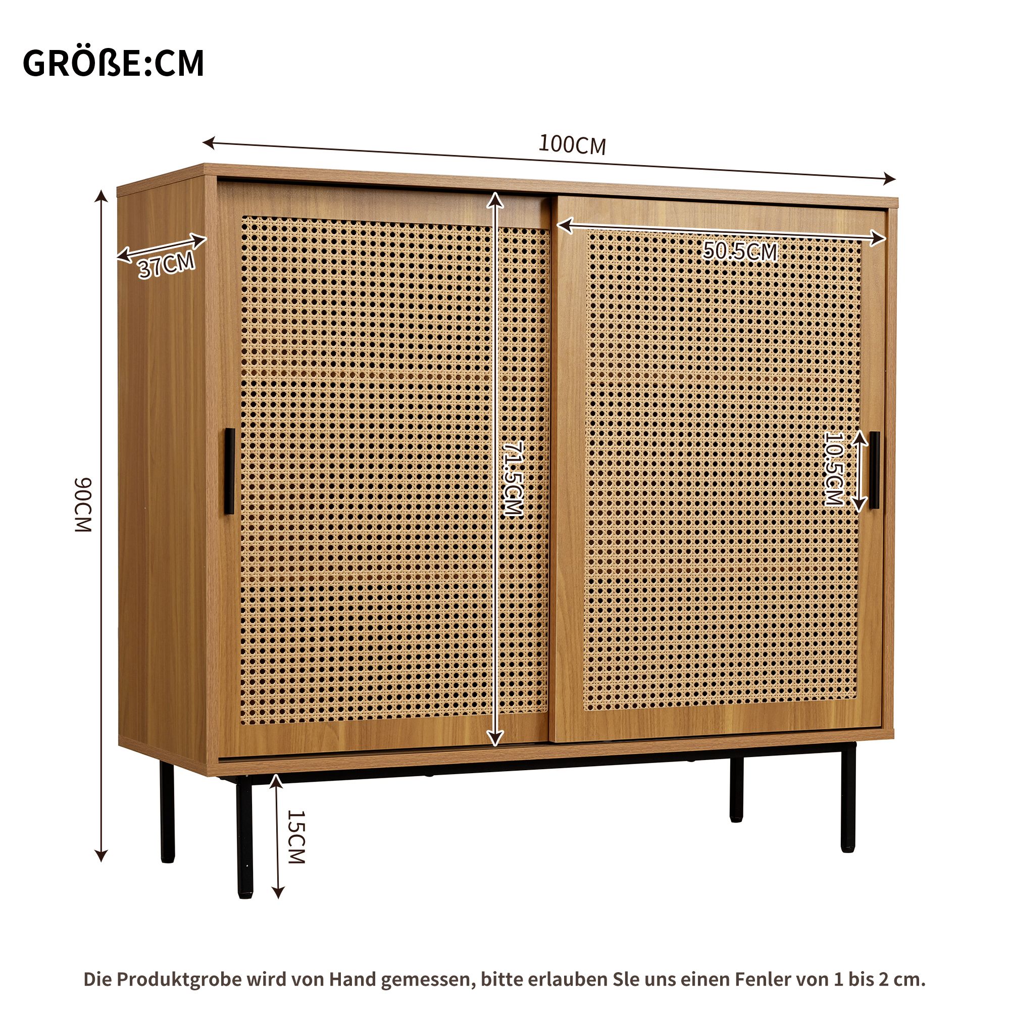 Flieks Rattan Kommode Sideboard mit 2 Schiebetüren, Wohnzimmerschrank Aufbewahrungsschrank Beistellschrank mit Verstellbaren Ablagen, Braun, 100x37x90
