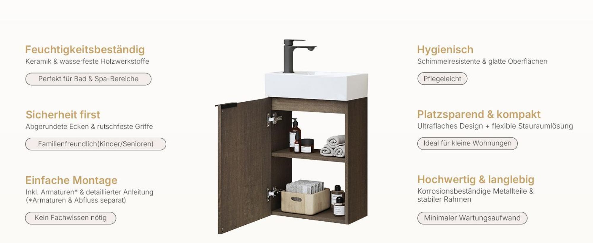 EMKE Waschtisch-Set Waschtischunterschrank mit Keramikbecken 417×240×646 mm wandhängend, Soft-Close, Räuchereiche
