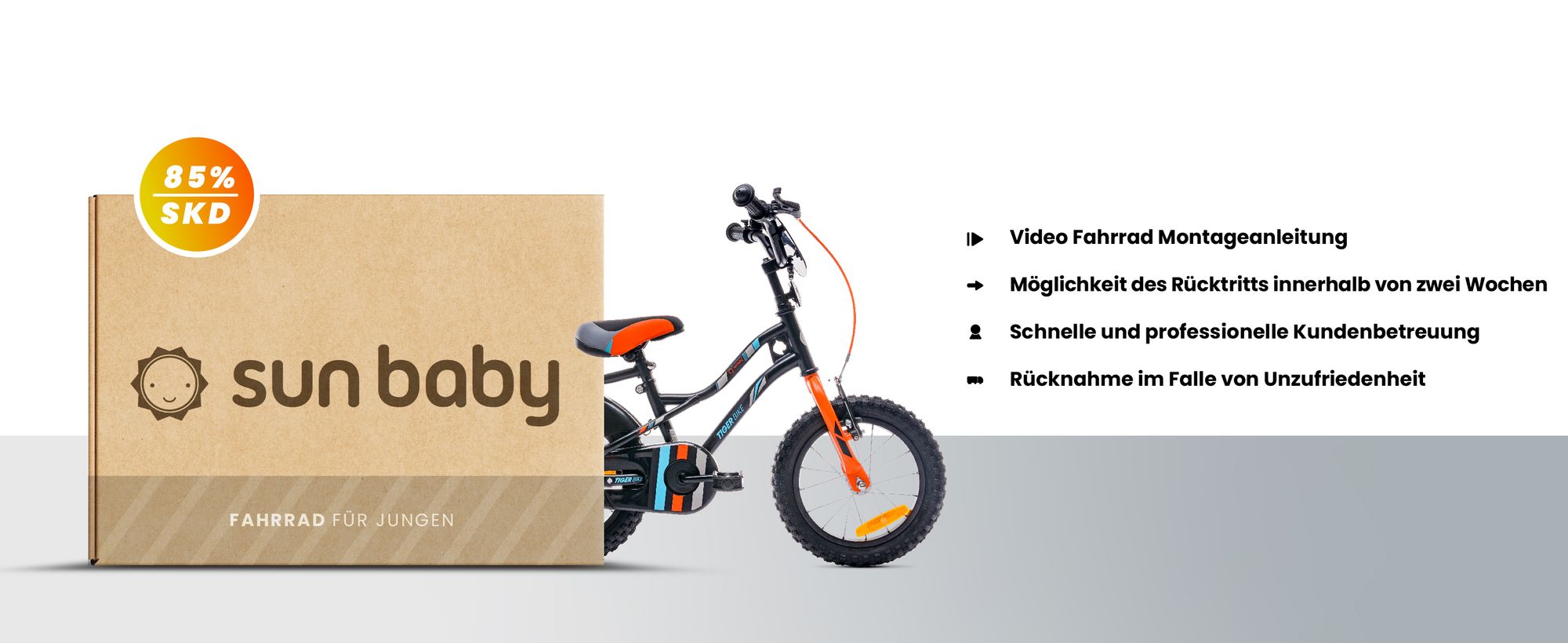 Sun Baby Tiger Bike Kinderfahrrad Jungen Fahrrad Stützräder 12 14 16 Zoll ab 2-6 Jahre BMX Kinder Fahhrad (14 Zoll, Orange)