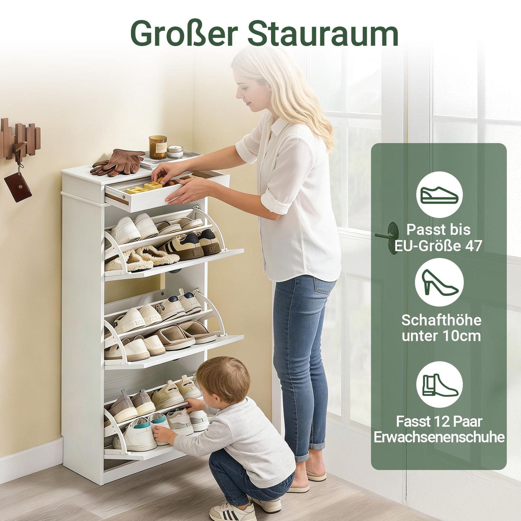 SoBuy Schuhschrank Schmal mit 3 Klappen Schmaler Schuhkipper, Verstellbares Schuhregal für Flur Eingangsbereich Flurschrank mit Kippsicherung FSR94-WG
