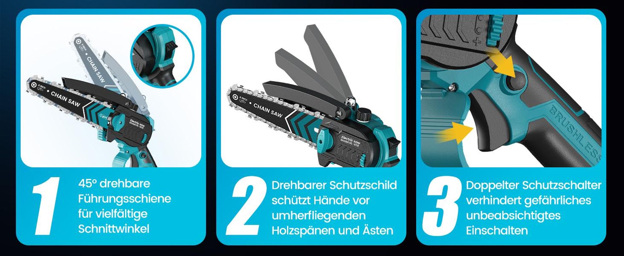 Akku-Kettensäge 6+8 Zoll Bürstenloser Mini Kettensäge mit 2x 4000 mAh Akku, 1200W Einhand HandKettensäge für Gartenscheren Holzschneidenz
