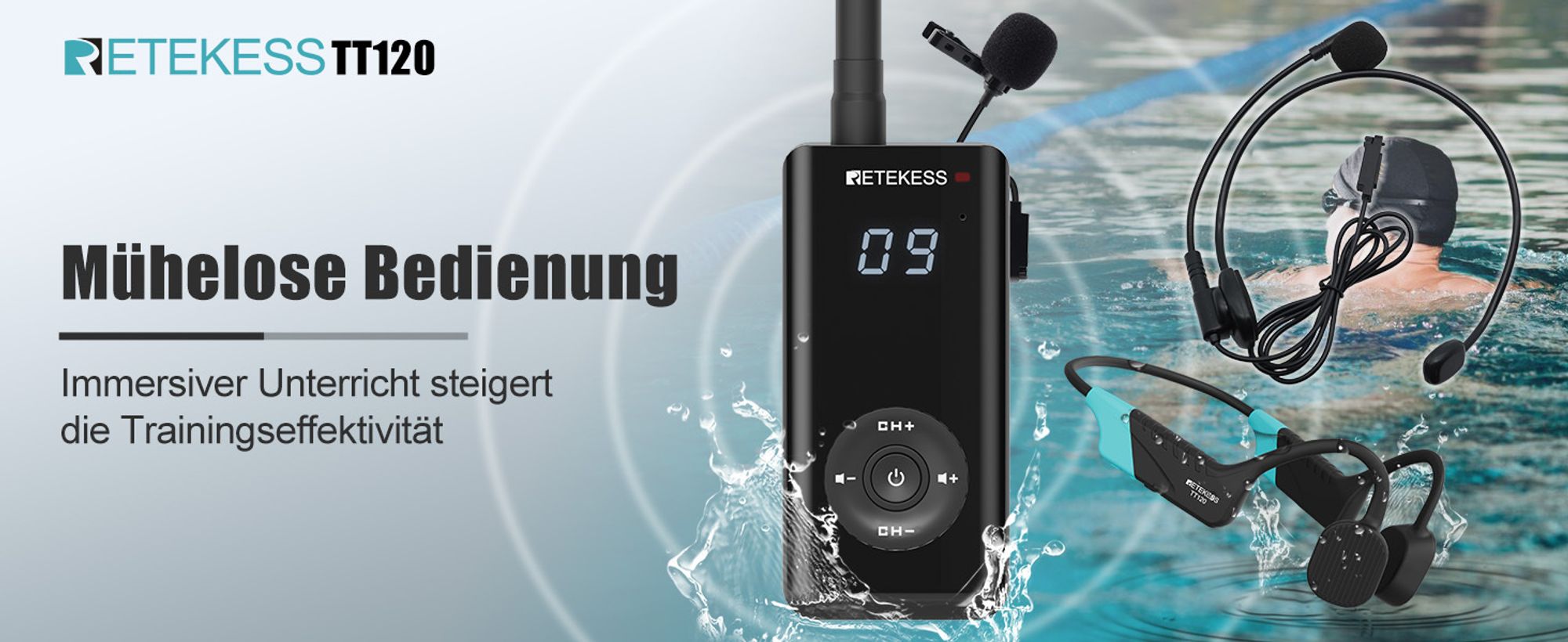 Retekess TT120 Schwimmtrainings-Kommunikationssystem Trainer-Sender und Schüler-Empfänger für den Schwimmsport