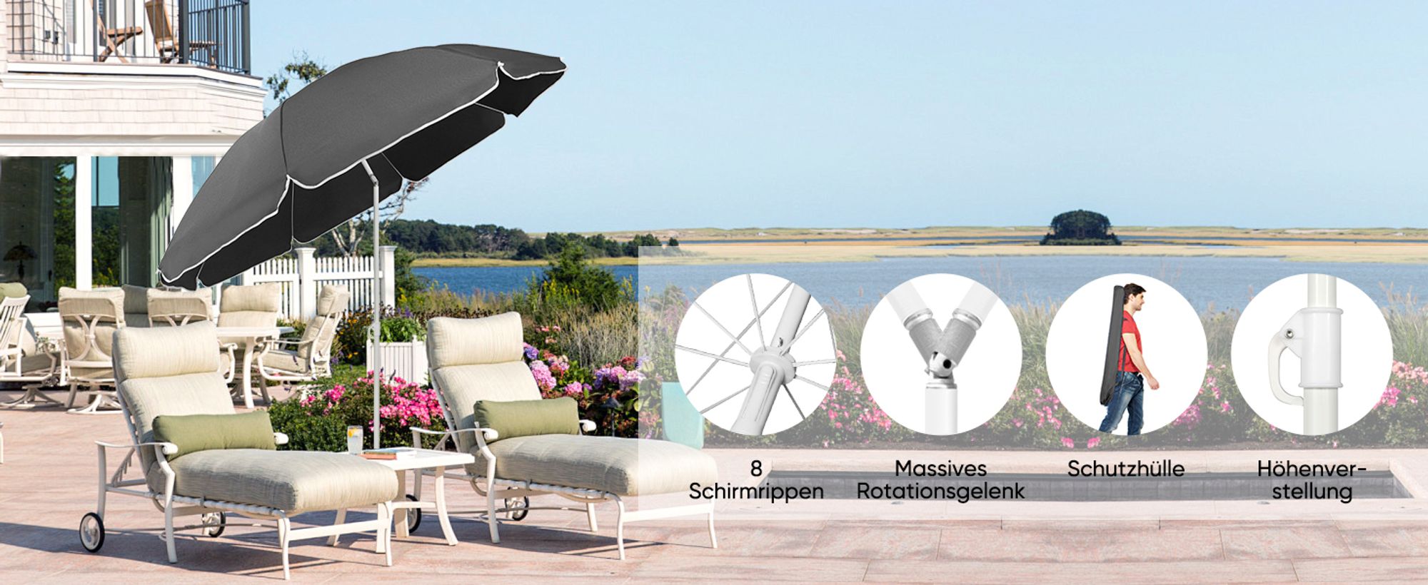 Sekey Sonnenschirm Rund Ø 160 cm Terrassen Gartenschirm Strandschirm mit kurbel & Schutzhülle Neigungswinkel und Höhe verstellbar, Dunkelgrau