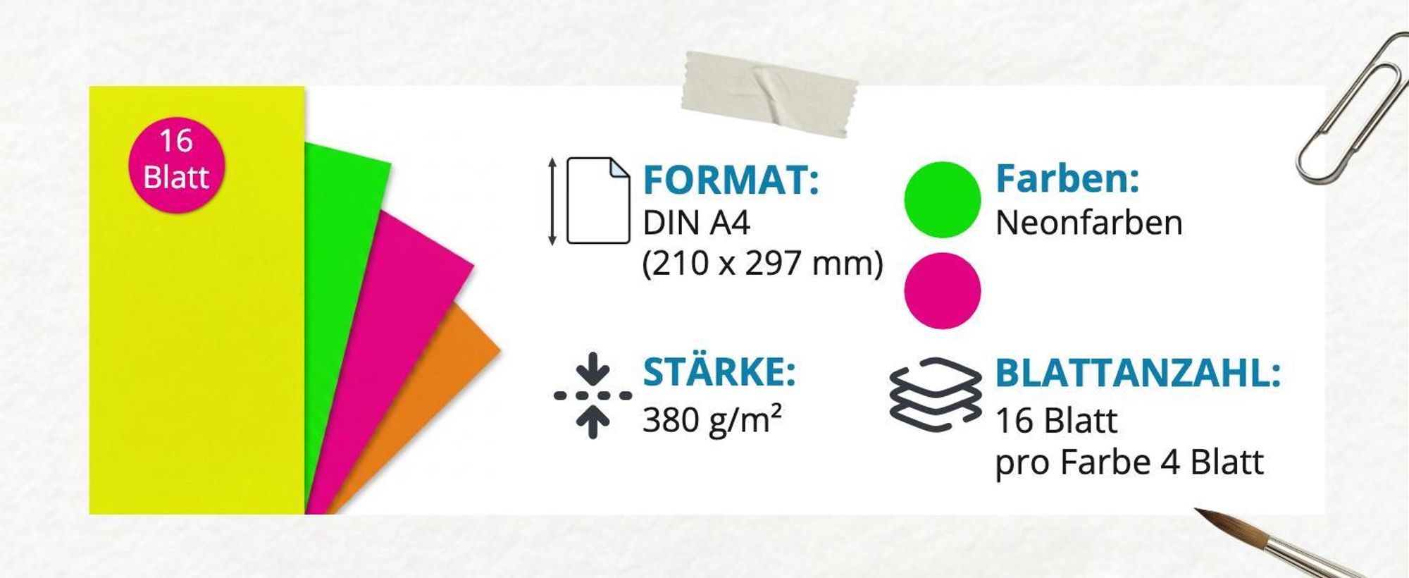 itenga Plakatkarton - A4 380 g/qm  16 Blatt - NEON Farben - gelb orange pink grün
