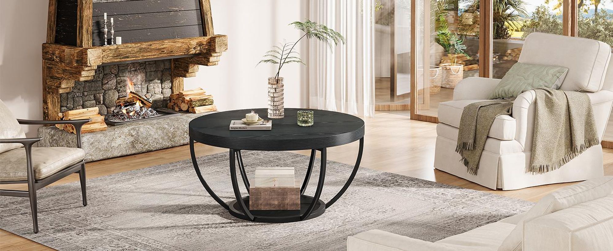 Couchtisch, 80 cm Beistelltisch, zweistöckiger Wohnzimmertisch, runder Cocktailtisch, Sofatisch mit Ablagefächern, für Zuhause, Wohnung, Büro