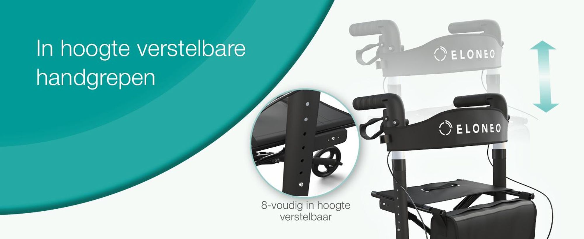 ELONEO inklapbare en lichte rollator met zitplaats, lichtgewicht reiskofferrolator van aluminium, loophulp met 8-voudige hoogteverstelling, inklapbaar in 3 standen