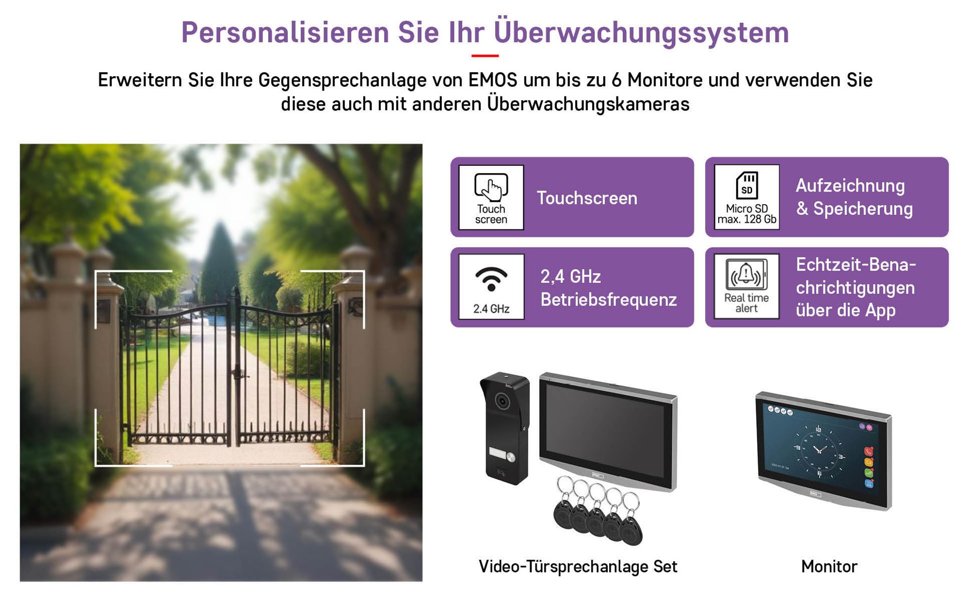 EMOS GoSmart Video-Türsprechanlage mit WiFi und App, wasserdichte Full-HD Kamera (2MP/1080p) mit RFID-Chips, Monitor mit 7'' LCD-Farbdisplay, H4020