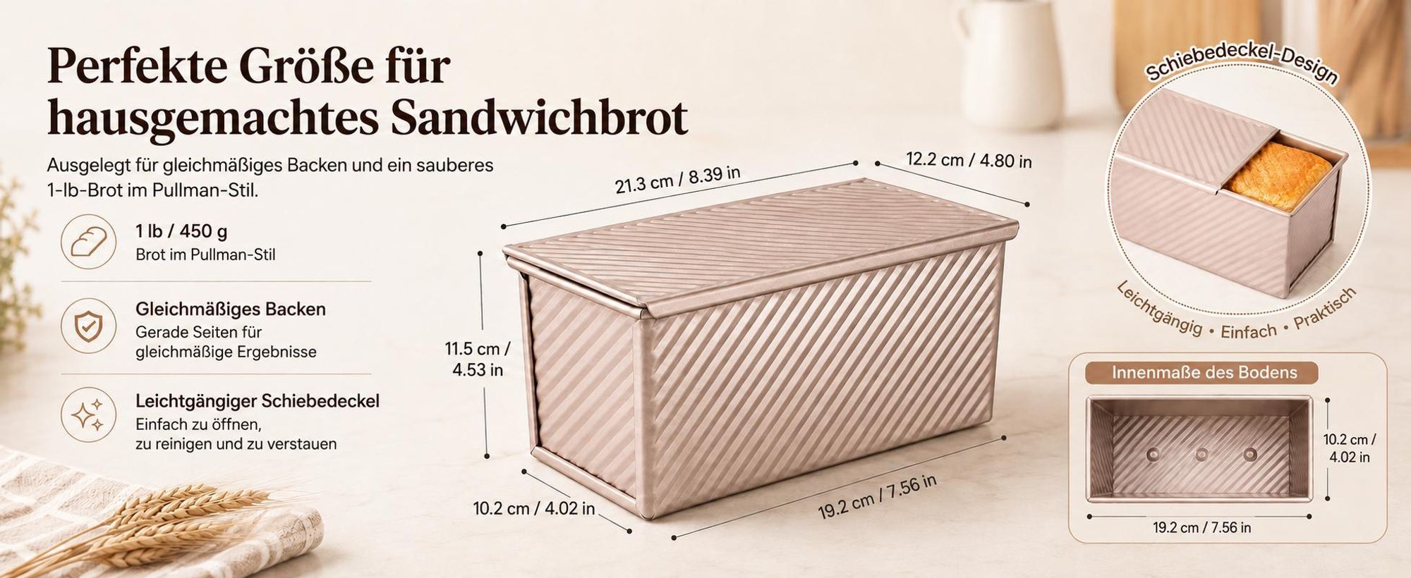 CANDeal Brot Toastform Laib Pfanne Brotbackform Kastenform mit Deckel gewellt Pullman-Laib Pfanne Brotbackform mit Deckel Gebäck Brotbackform Allumiumlegierung Antihaftgold 450g Teig