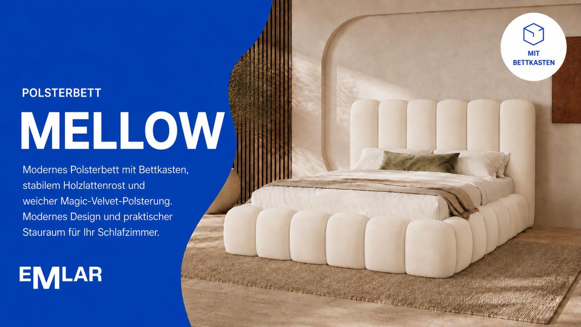 Beiges Polsterbett MELLOW aus Magic Velvet mit Bettkasten im modernen Schlafzimmer