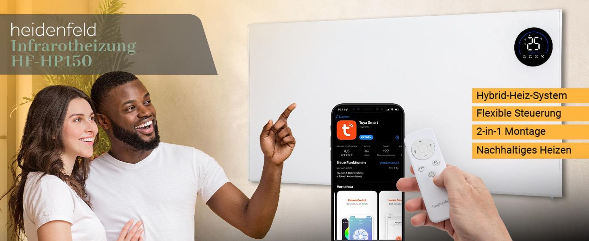 Heidenfeld Hybrid Infrarotheizung HF-HP150 | Steuerung via App - Fernbedienung - Touch-Bedienfeld - Thermostat - 1000 Watt - bis 25 m²