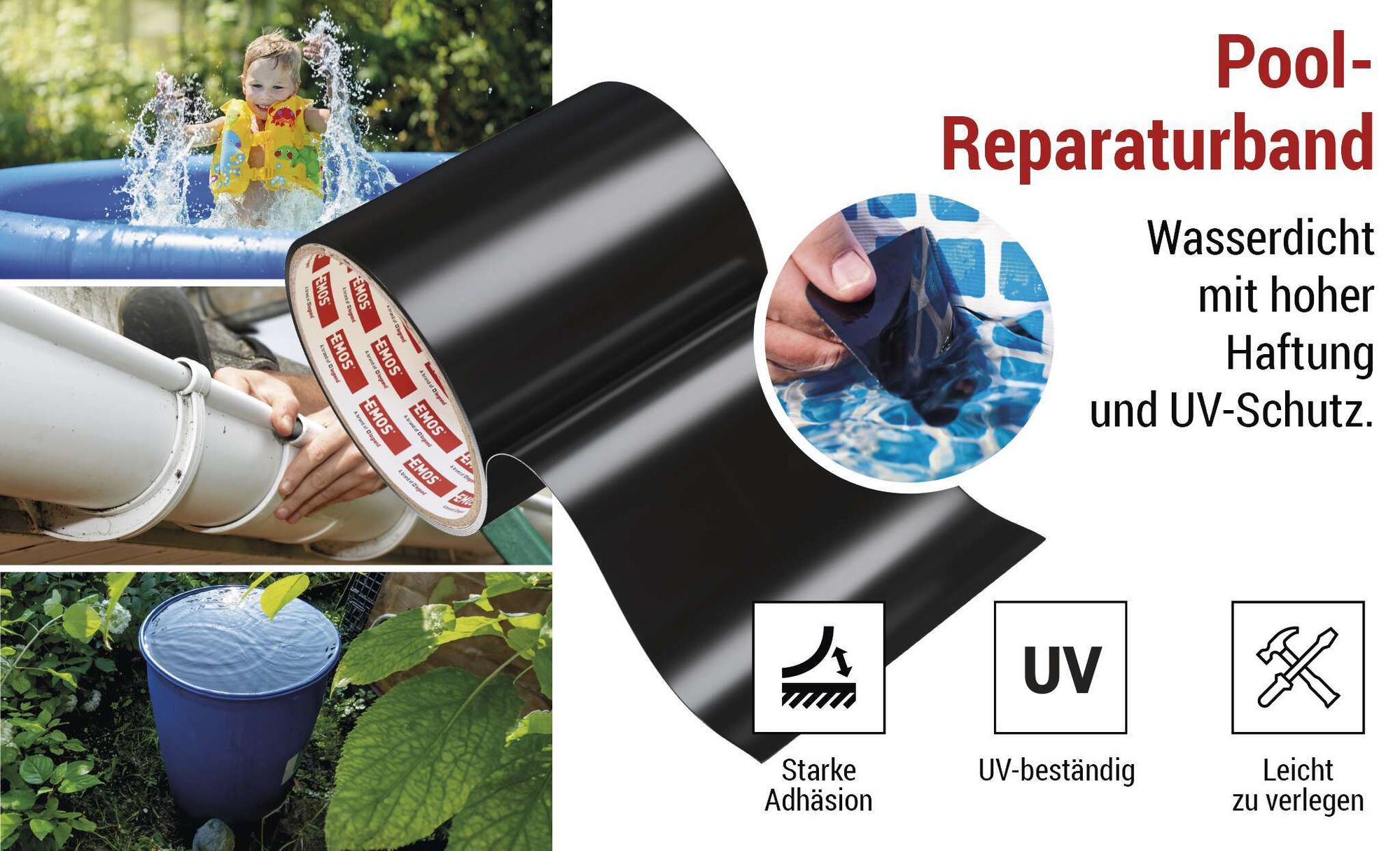 EMOS Pool-Reparaturband, schwarzes Flickband 10 cm x 100 cm, für den Unterwassereinsatz geeignet, sehr stark haftend zum Abdichten, F6110