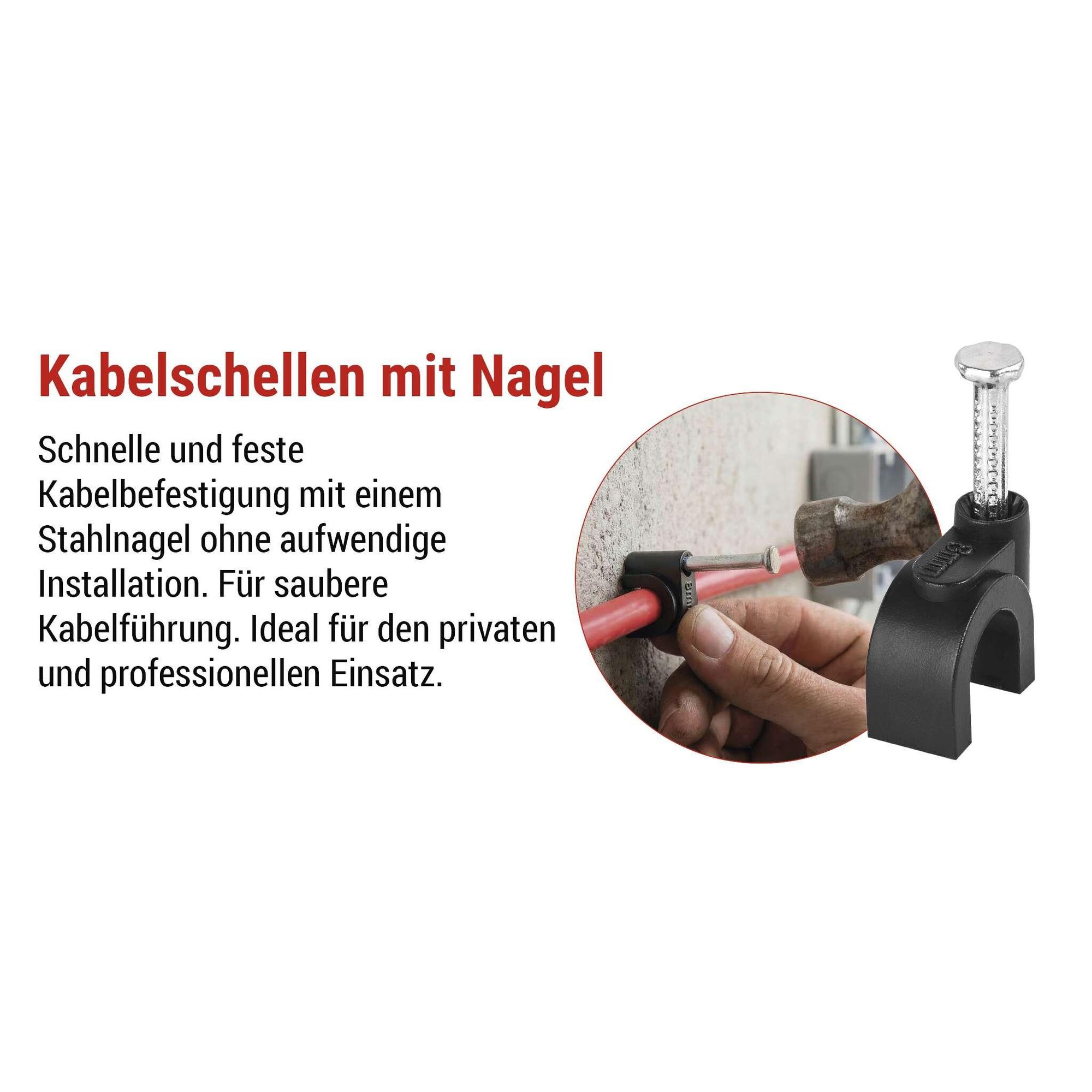 EMOS 50 Stück Kabelschellen mit Nagel, für Ø 8 mm, bruchfester PE-Kabelhalter mit Stahlnagel für Außen, rostfrei, -40–80°C, UV-Schutz, schwarz, A2823