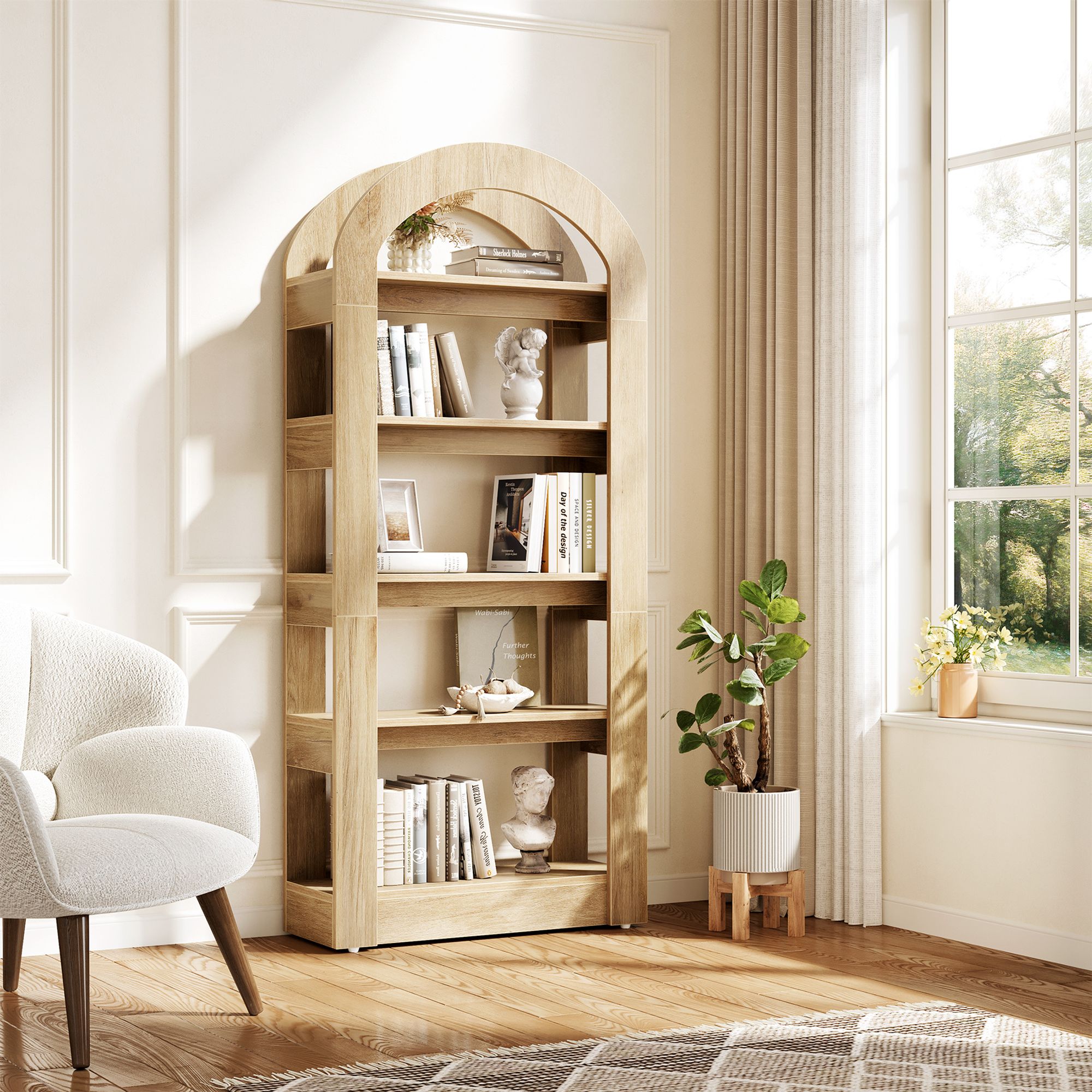 Tribesigns Bücherregal, 5-stöckiges bogenförmige Regal, 180 cm hohes Standregal Holzregal Bücherregal, für Wohnzimmer, Lagerregal, Teakfarbe