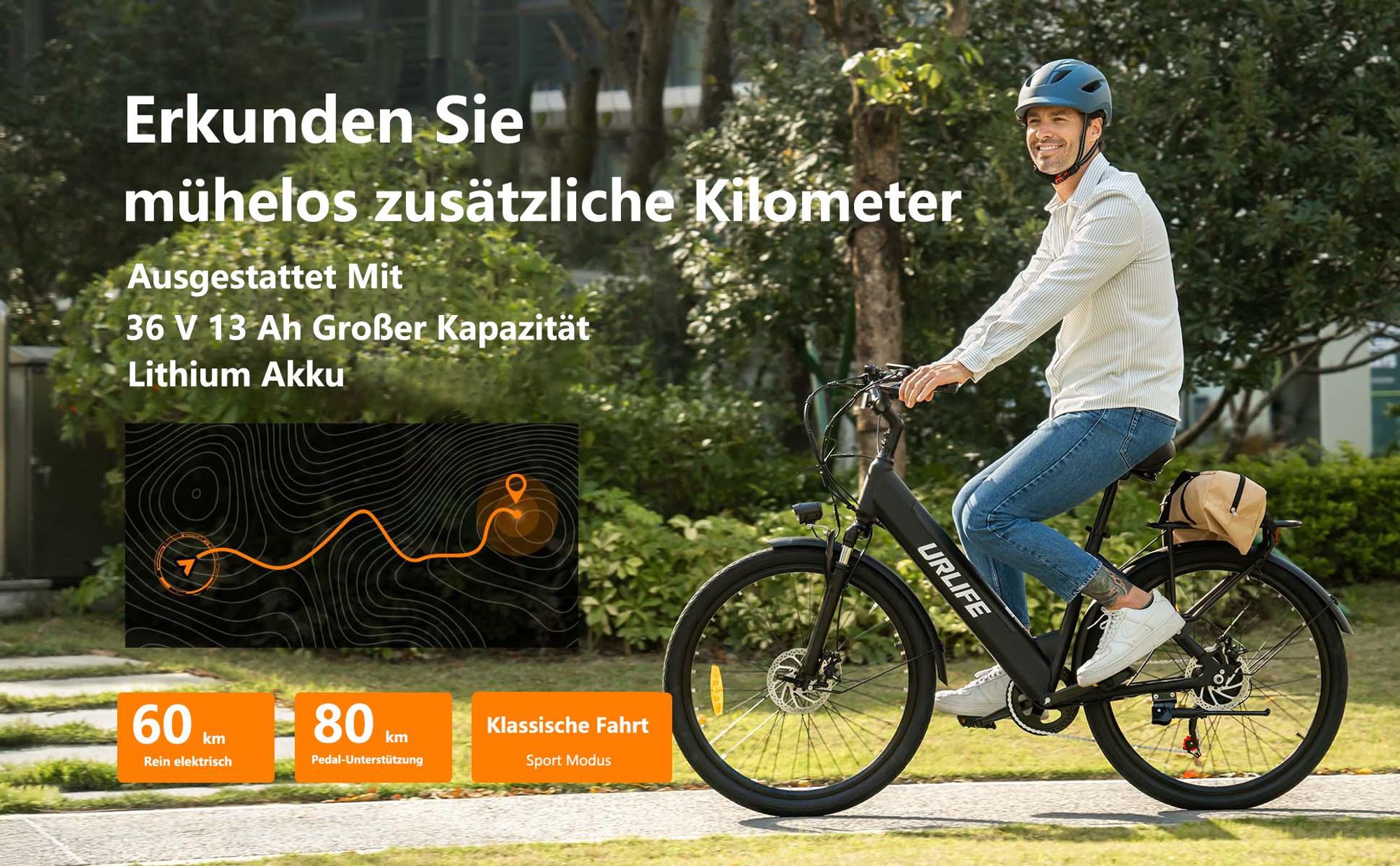 Elektrofahrrad URLIFE E26 - 250W Motor 36V 13Ah Batterie 26 Zoll Reifen Scheibenbremse - Schwarz