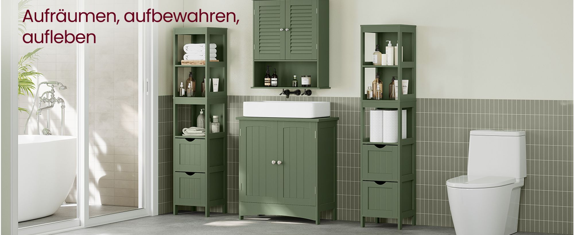 VASAGLE Hochschrank Badezimmer, Badezimmerschrank schmal, 2 Schubladen, 3 offene Fächer, 30 x 30 x 141,5 cm, Waldgrün