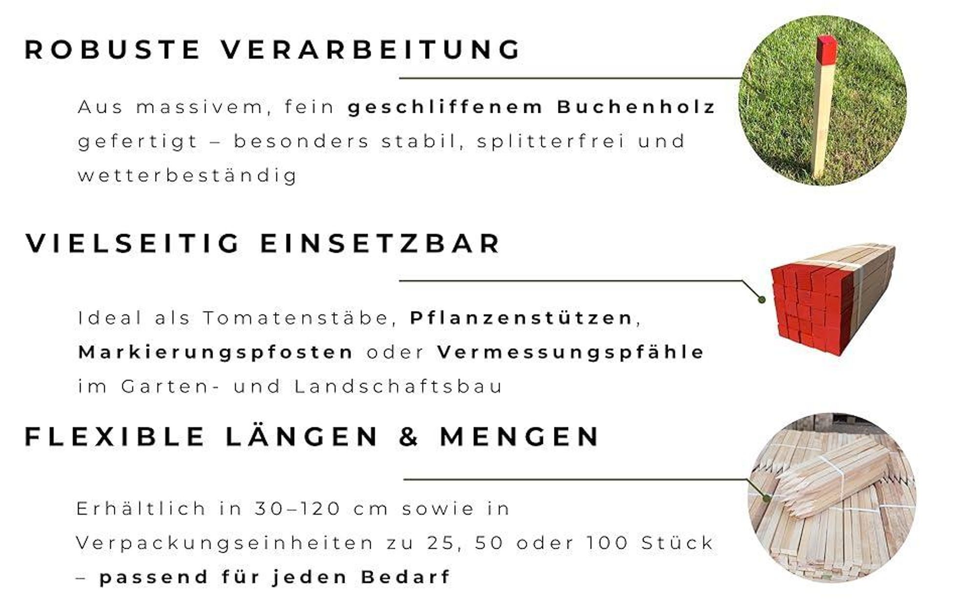 50 Stück Holzpfähle Buche 100 cm – Vermessungspfähle Quadratisch 25x25 mm, Robuste Vermessungspfosten mit Orange Spitze, Pflanzstäbe & Zaunpfosten