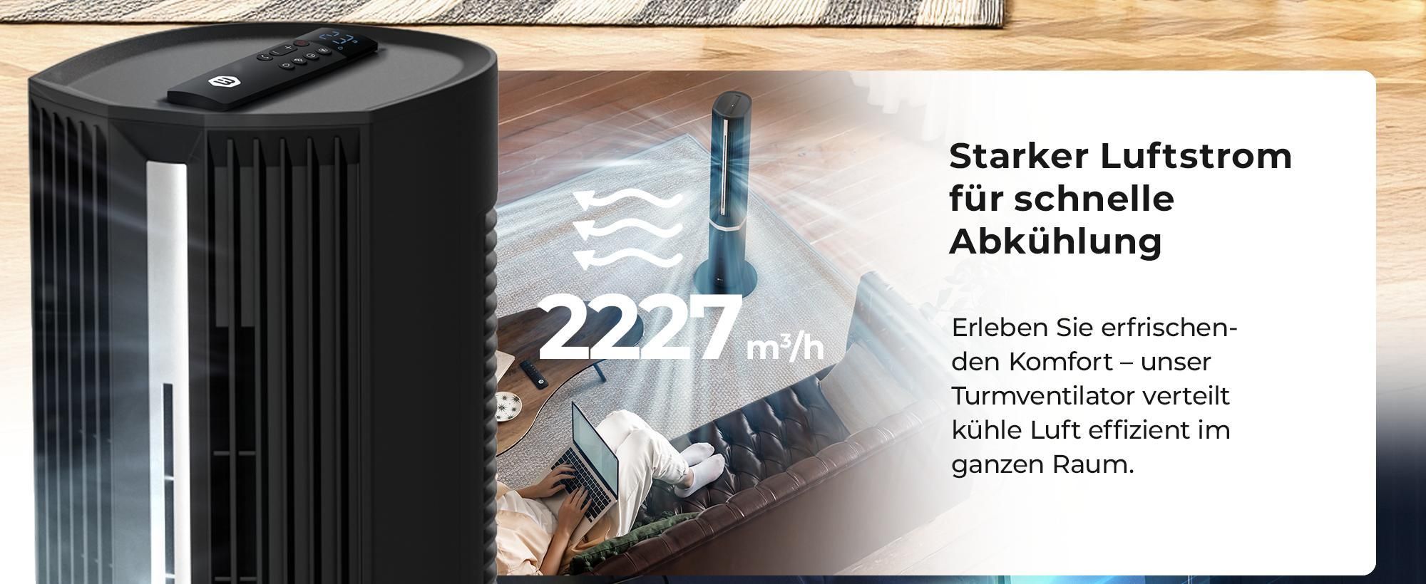 Balter 5-in-1 Ventilator mit Wasserkühlung, Turmventilator, Fernbedienung, Oszillation, 55 Watt, Luftkühler, Luftreiniger, Luftbefeuchter, sehr leise