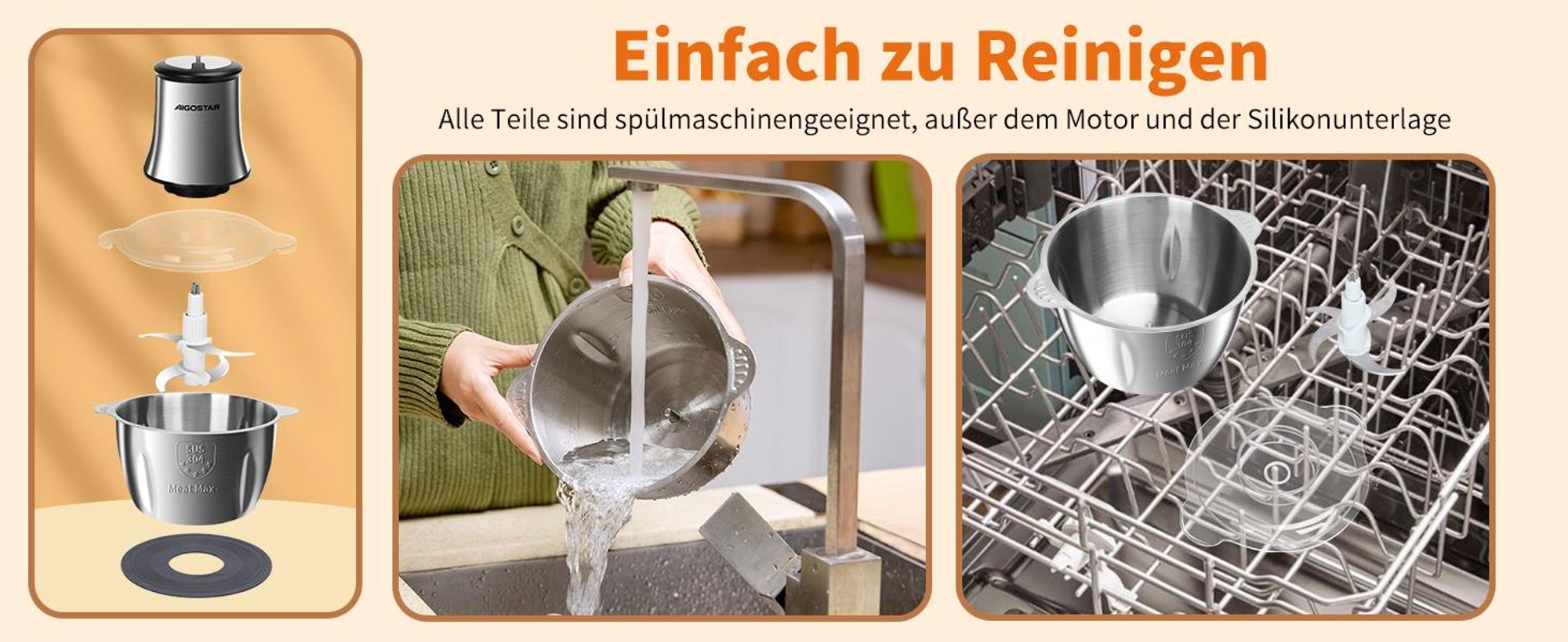 Aigostar Fleischwolf Zerkleinerer küche elektrisch, Multizerkleinerer für Fleisch, 500W, 2 Geschwindigkeiten, 4 Edelstahlklingen