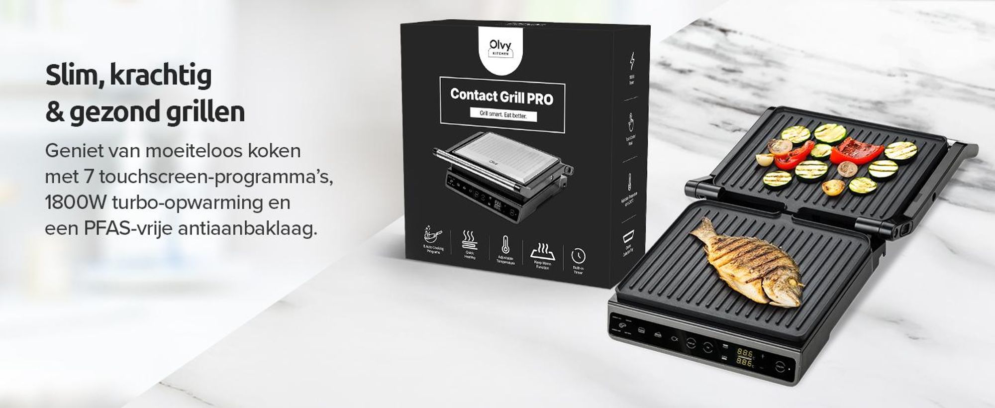 Olvy Contactgrill, 1800W, Elektrische grill, Sandwichmaker, 7 programma's, Paninigrill, Grilltoaster voor binnen, PFAS-vrije platen, Tafelgrill