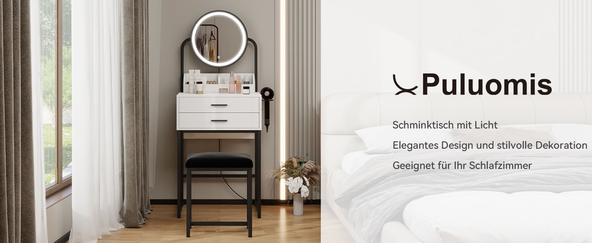 Puluomis Schminktisch mit LED-Beleuchtung, 3 Farbmodi, Haartrocknerhalter, Kosmetiktisch Frisiertisch mit gepolstertem Hocker und Schubladen schwarz