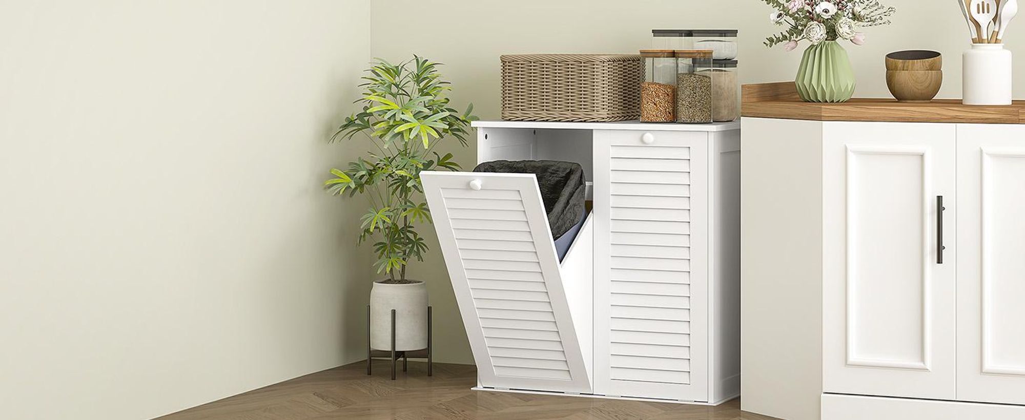 HOMCOM Wäscheschrank, Badschrank mit 2 Wäschekörben, Griffen, Lamellentüren Weiß