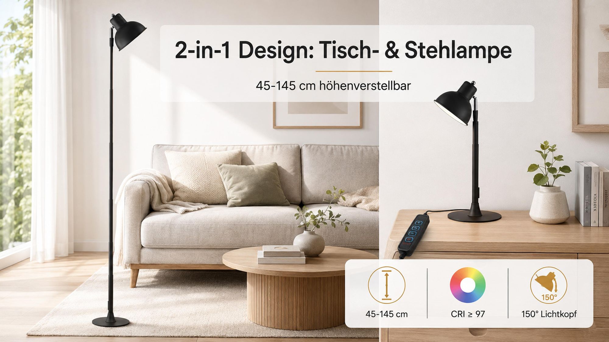 LED Tischlampe Höhenverstellbar 45-145cm - 2-in-1 Stehleuchte Schwarz mit USB Dimmbar 3 Lichtfarben 150° Drehbar Leselampe für Wohnzimmer Nachttisch