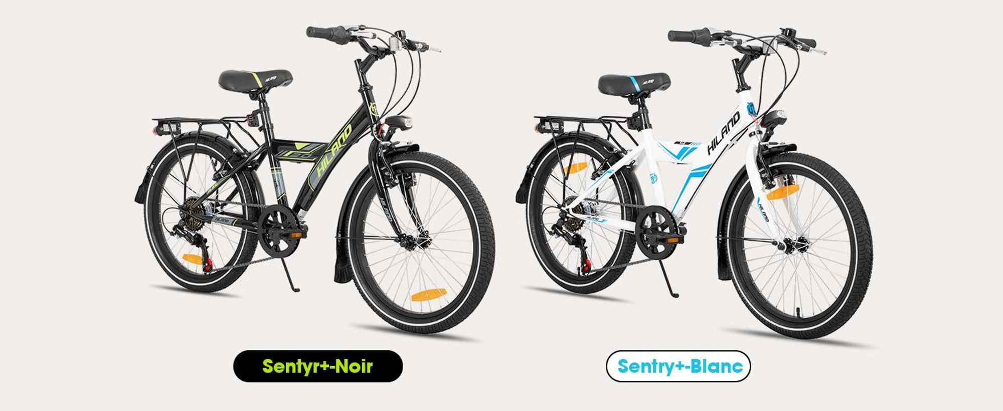Vélo tout-terrain pour enfants HILAND Rocket 20 pouces, VTT pour garçons avec dérailleur Shimano à 6 vitesses, éclairage et porte-bagages, noir
