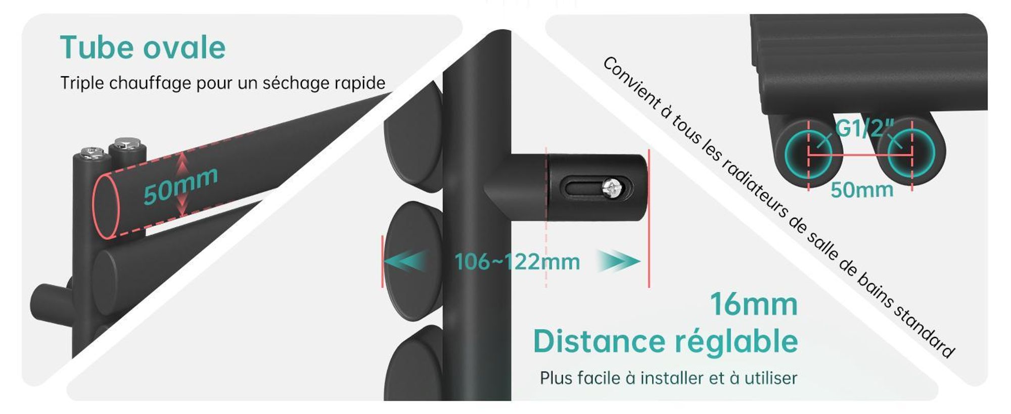 EMKE Radiateur de salle de bain tubulaire ovale Radiateur sèche-serviettes Radiateur tubulaire vertical Raccord latéral pour eau Anthracite 174×60cm sans thermoplongeur
