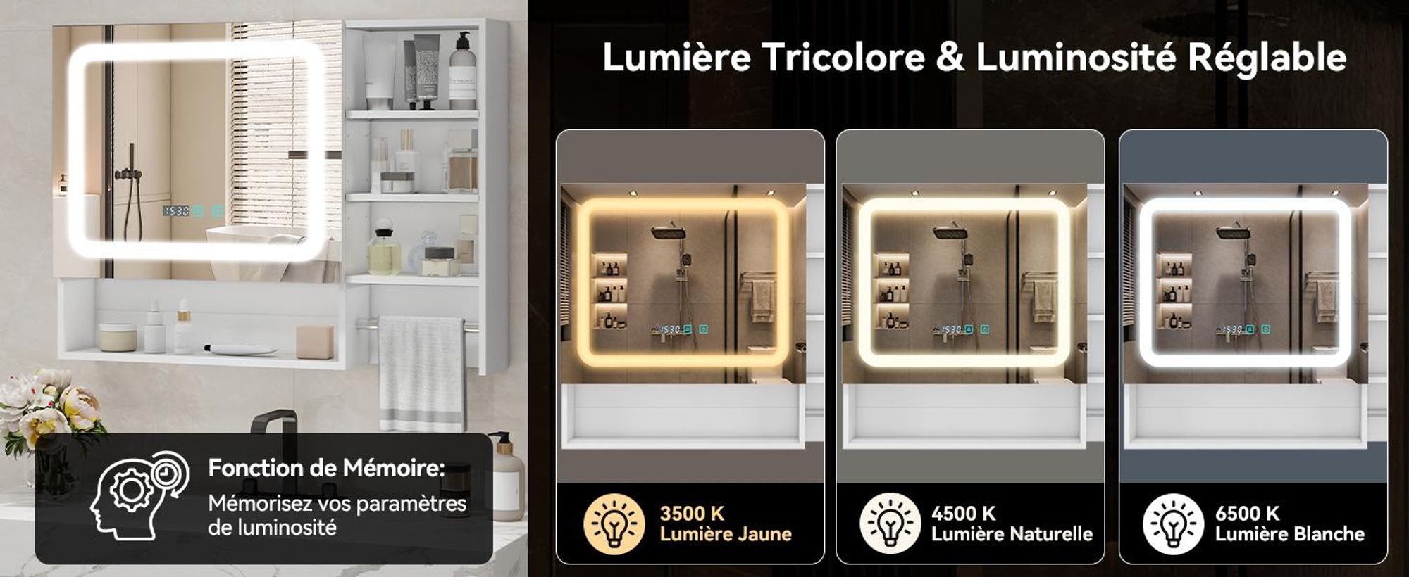 Puluomis armoire de toilette salle de bain 80cm avec 3 couleurs d'éclairage variable, horloge digitale, porte-serviettes, anti-buée armoire de salle de bain murale blanche