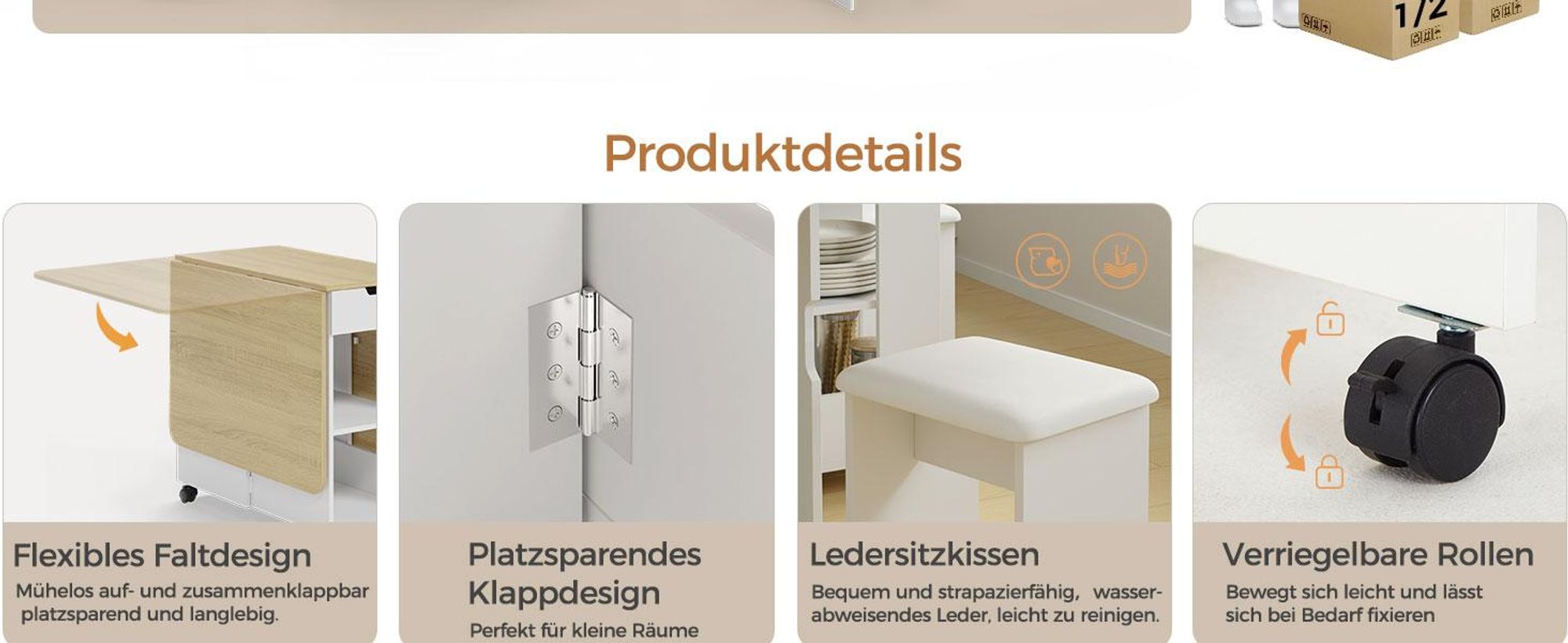 Mondeer Klapp-Essgruppe mit 4 Hockern Platzsparend, Rollen, 2 Schubladen & Ablageflächen Eiche und Weiß