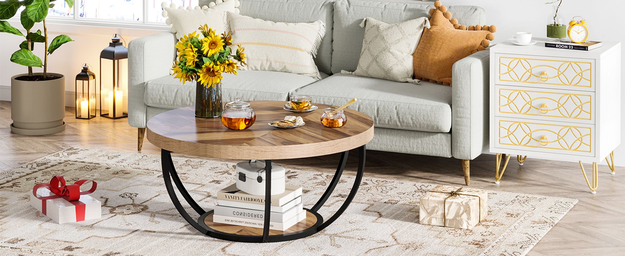 Tribesigns Runde Couchtisch, Industrial 2-Tier-Kreis Couchtisch mit Lagerung Regale, Moderne hölzerne Akzent Mitte Tisch Sofa Beistelltisch