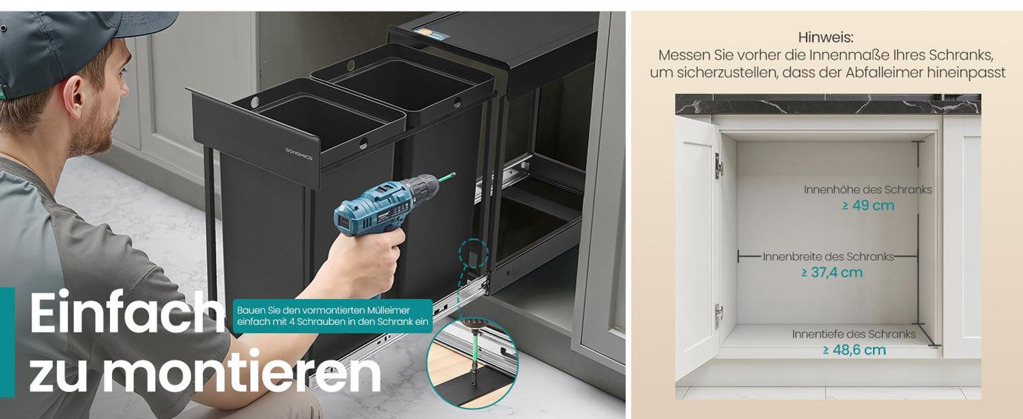 SONGMICS Abfallsammler 2 Fächer, ausziehbares Mülltrennsystem für Küche Unterschrank, Stahlrahmen, 2 x 15 L, Deckel, schwarz
