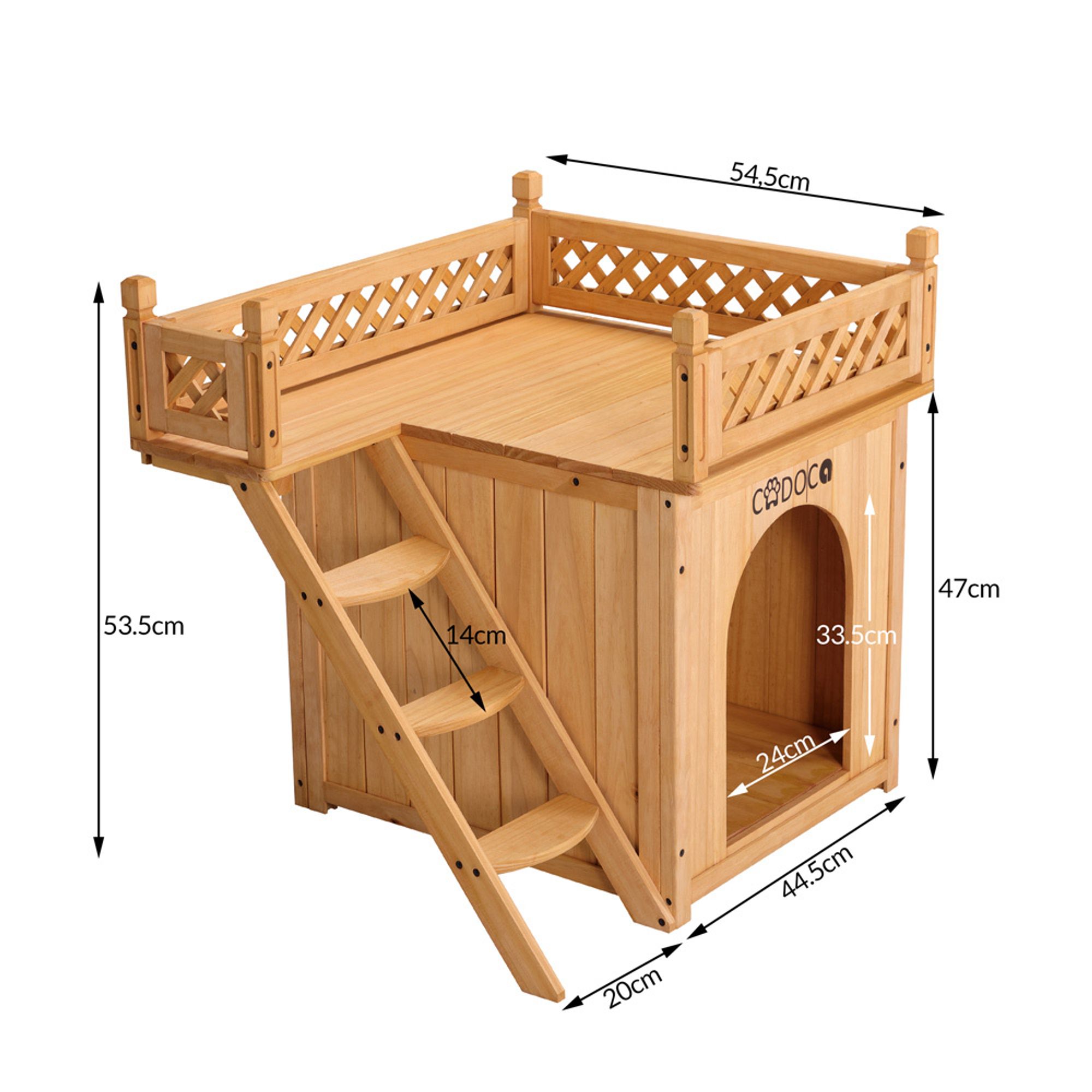 CADOCA® Tierhaus FSC®-zertifiziert Kiefer 65x55x54cm 2-stöckig Treppe Sonnenterrasse Katzenhaus Katzenhütte Hundehütte Katzenvilla Lodge Balkon